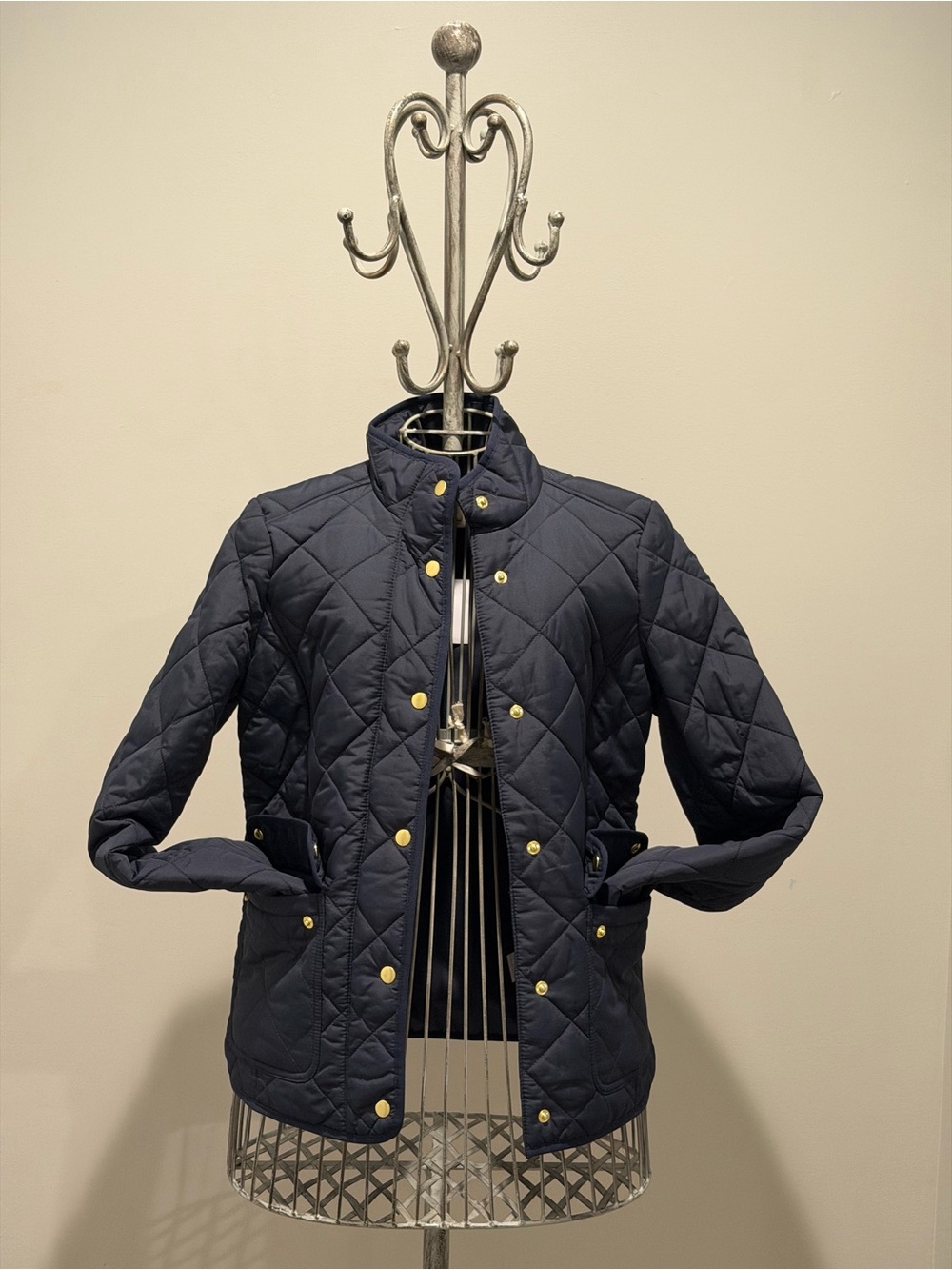 J. Crew Quilted Navy Puffer Jacket with Gold Buttons
